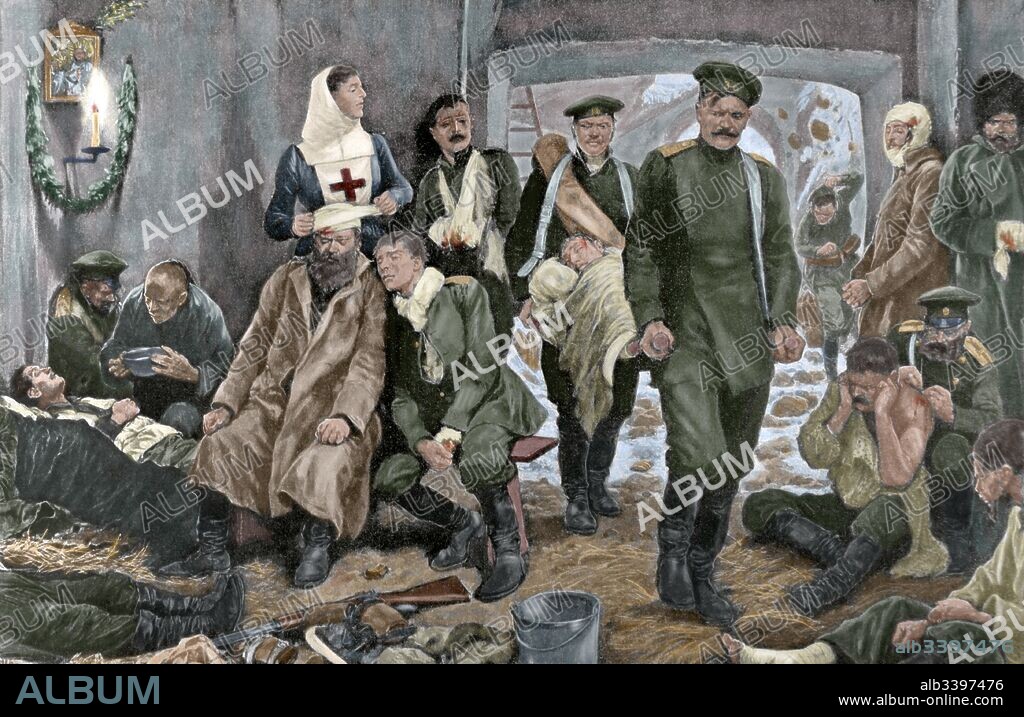 Russo-Japanese War (1904-1905). Campaign hospital of the Russian troops in Manchuria. Arrival of a wounded. Engraving by R. Caton Woodville. "La Ilustracio_n Artistica", 20th century. Colored.