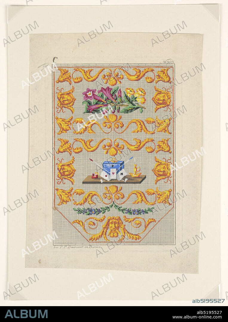 Wool Embroidery Design (Berlin Wool Works), T. P. Devrient, active ca. 1860, Brush and gouache, pen and black ink over etching on cream laid paper, Design for wool work. Scroll design in yellow. In center a blue box, lighted candle and some playing cards., Berlin, Germany, ca. 1860, embroidery & stitching, Drawing, Drawing.