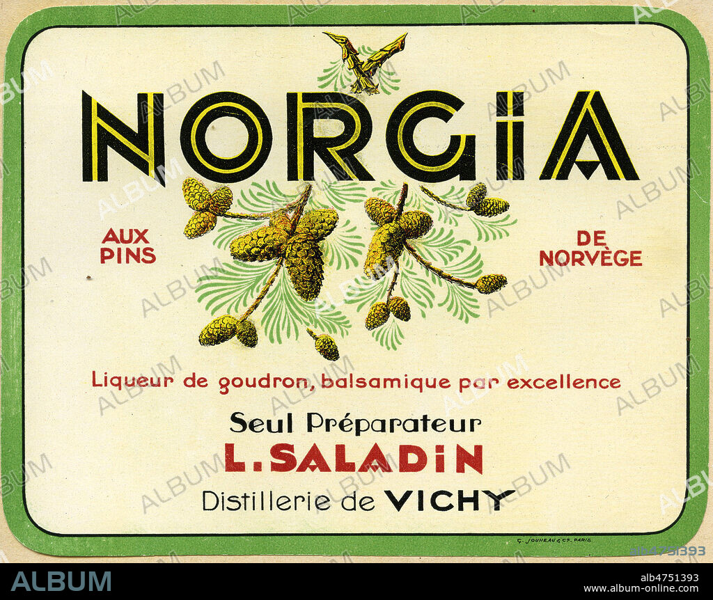 'NORGIA aux pins de Norvege, liqueur de goudron, balsamique par excellence'. Etiquette d'alcool norvegien, vers 1925. Illustration anonyme. Credit : Collection IM/KHARBINE-TAPABOR.