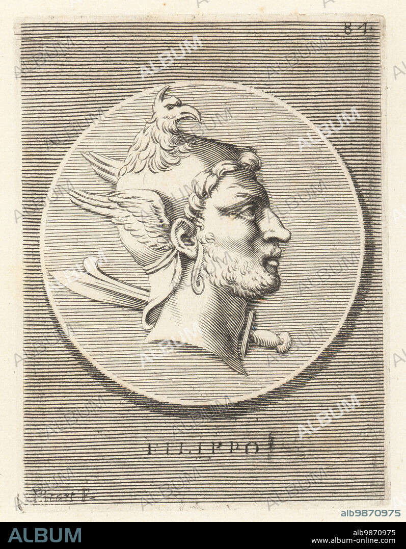 Philip II of Macedon, 382-336 BC. King of Macedonia from 359 BC until his death, father of Alexander the Great. Depicted with short sword, wearing a causea or causia crown helmet adorned with eagle head and wings. From a bronze coin. Filippo con la Causia. Copperplate engraving by Etienne Picart after Giovanni Angelo Canini from Iconografia, cioe disegni d'imagini de famosissimi monarchi, regi, filososi, poeti ed oratori dell' Antichita, Drawings of images of famous monarchs, kings, philosophers, poets and orators of Antiquity, Ignatio deLazari, Rome, 1699.