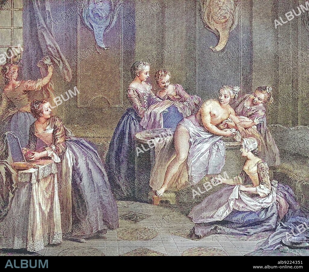 Gallant French copper engraving of an erotic scene of distinguished society, group sex, by L. Surugue, 1744, France, digitally restored reproduction of a 19th century original, exact original date unknown