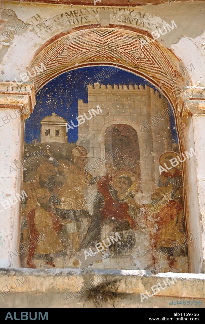 ARTE BIZANTINO. GRECIA. IGLESIA METROPOLITANA DE SAN DEMETRIO (AGIOS DIMITIROS). Fundada a finales del siglo XIII. Detalle de uno de los frescos que decoran el interior del templo con escenas de la vida de San Demetrio. MISTRAS. Provincia de Lakonía. Región del Peloponeso.