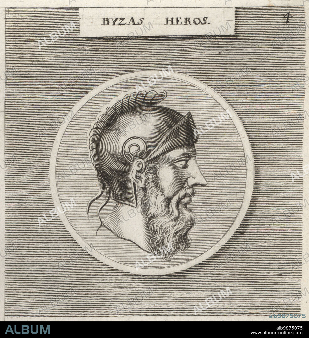 Byzas, mythical founder of Byzantium (Constantinople, now Istanbul) and king of the city at the time of the Argonauts. Profile of bearded man in crested helmet. Byzas Heros. Copperplate engraving after an illustration by Joachim von Sandrart from his LAcademia Todesca, della Architectura, Scultura & Pittura, oder Teutsche Academie, der Edlen Bau- Bild- und Mahlerey-Kunste, German Academy of Architecture, Sculpture and Painting, Jacob von Sandrart, Nuremberg, 1675.
