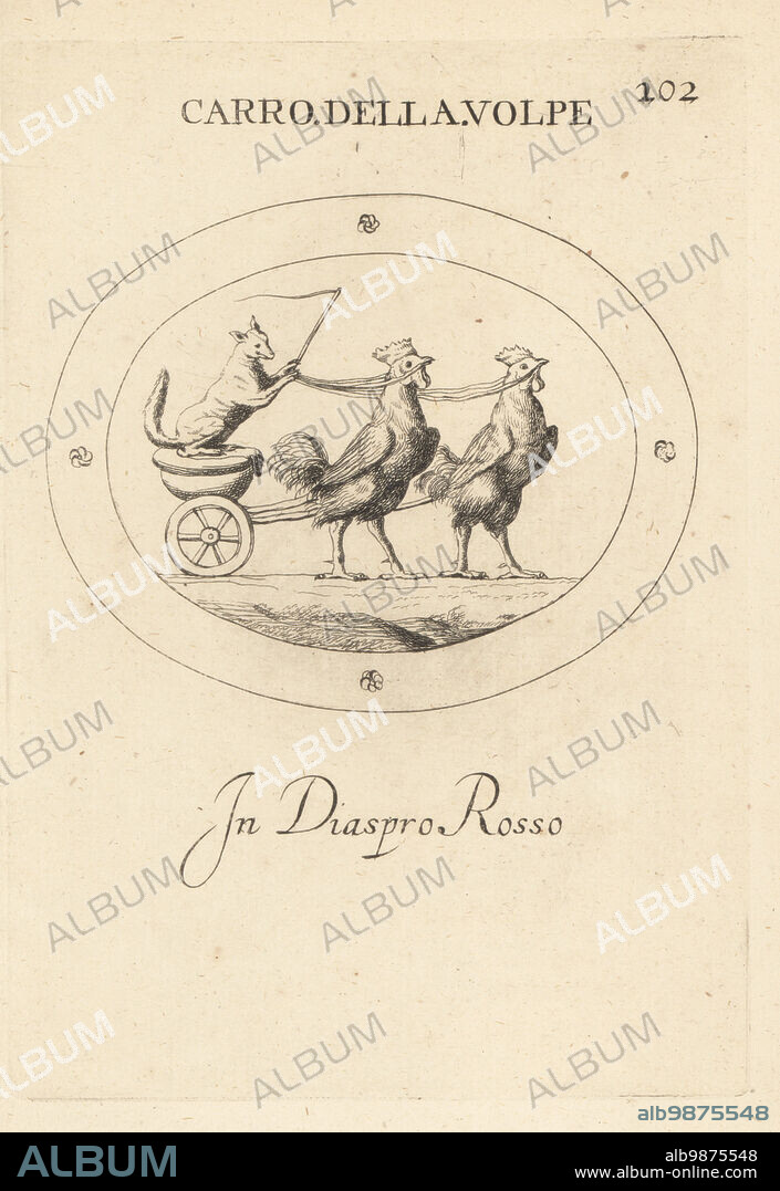 A fox driving a chariot drawn by two roosters. The birds signify cunning and vigilance. In red jasper. Carro della Volpe, in diaspro rosso.