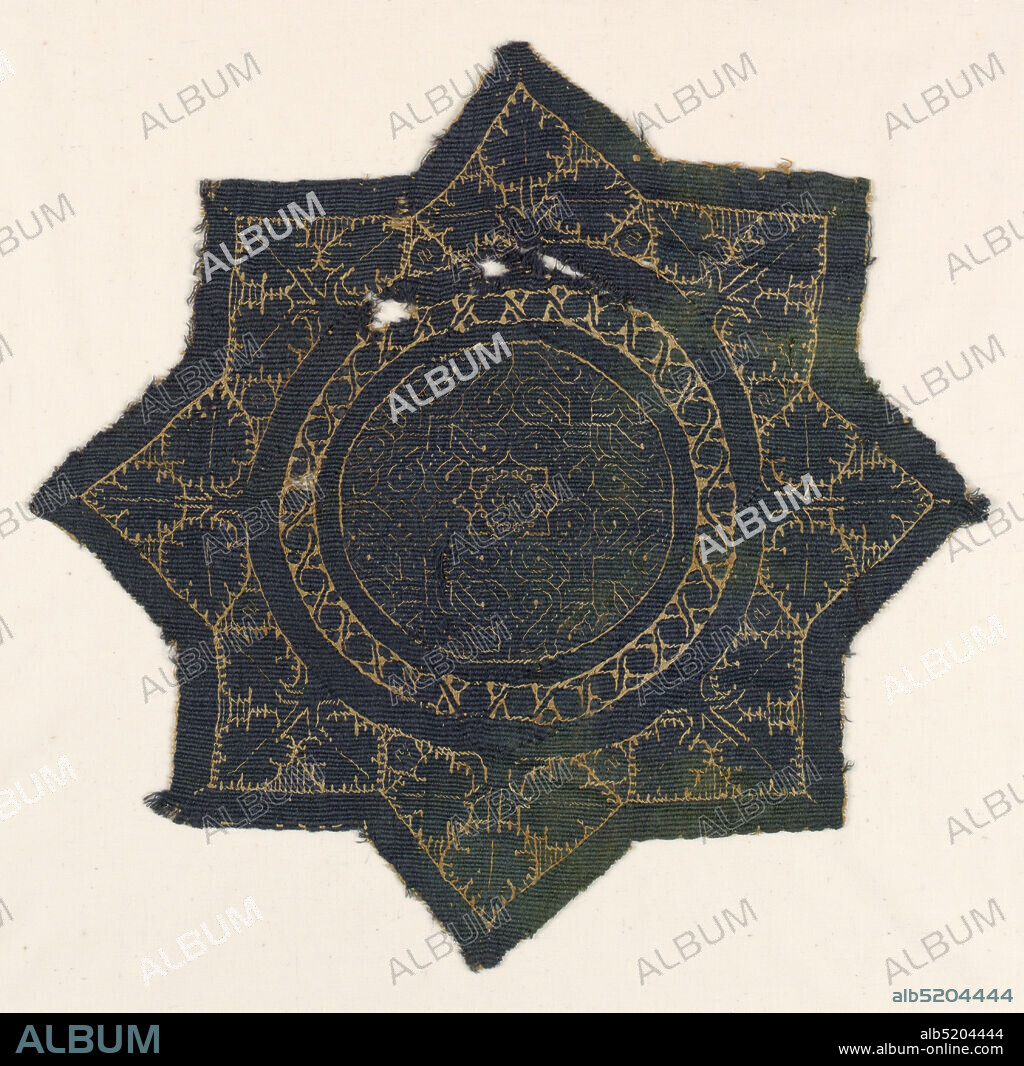 Medallion, Medium: Warp; S-spun linen. Wefts; S-spun linen, S-spun wool Technique: slit tapestry with supplementary weft wrapping, Eight-pointed star with a circle in the center filled with geometric tile patterns. Each star point has three leaves in it., 4th5th century, woven textiles, Medallion.