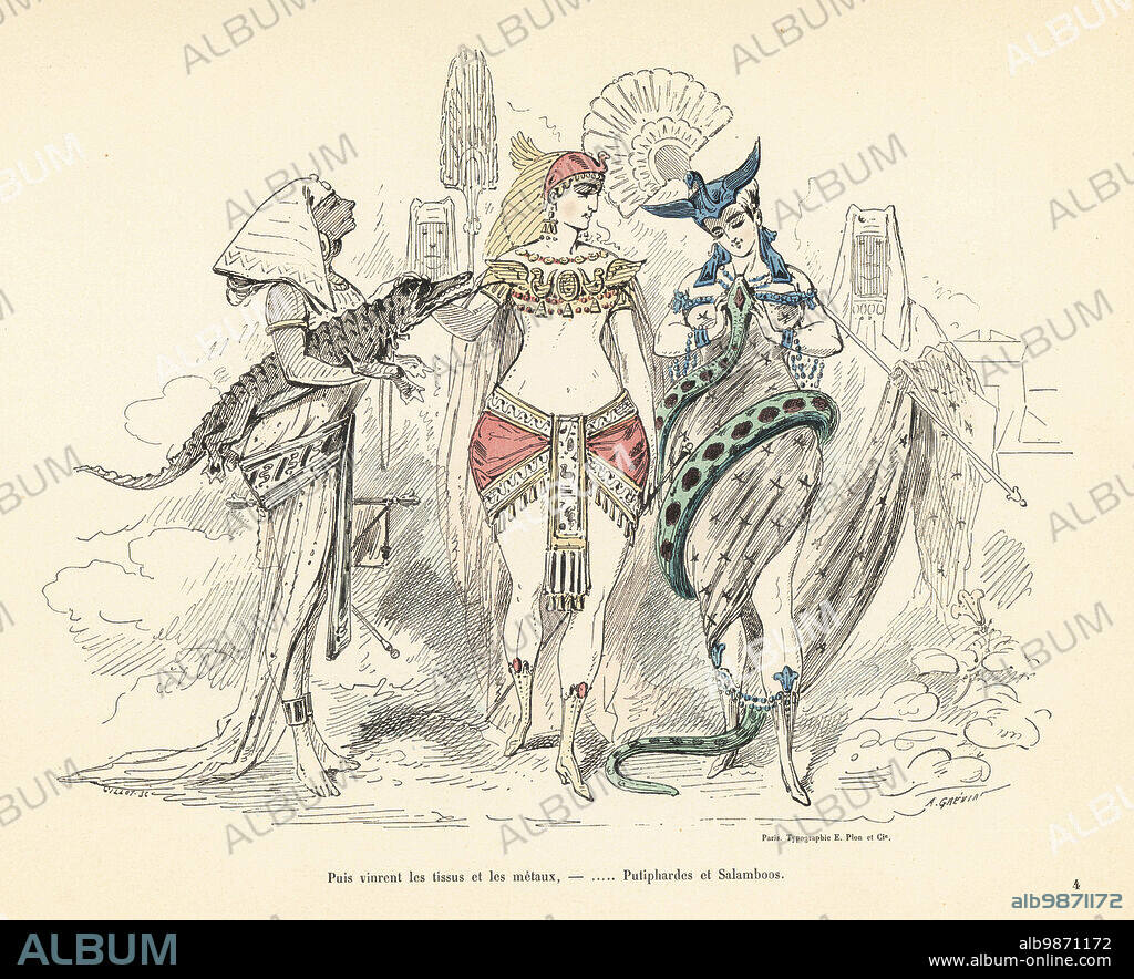 Women in exotic outfits of fabric and metal, Carthage, 3rd century BC. They wear transparent robes, and headdresses of birds, metallic jewelry, and hold snakes and crocodiles. Based on costumes of Salammbo and Potiphars wife. Puis vinrent les tissus et les metaux, Putiphardes et Salamboos. Handcoloured engraving by Gilloy after an illustration by Alfred Grevin from Les Filles dEve, Album de travestissements plus ou moins historiques, Typographie Eugene Plon, Paris, 1850.