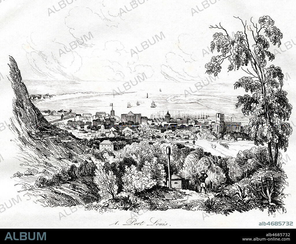 Port-Louis a l'Ile Maurice. Illustration de 1834 par Louis-Auguste de SAINSON (1801-1887) pour Voyage pittoresque autour du monde par DUMONT d'URVILLE (1790-1842). Credit : Coll. Jonas/KHARBINE-TAPABOR .