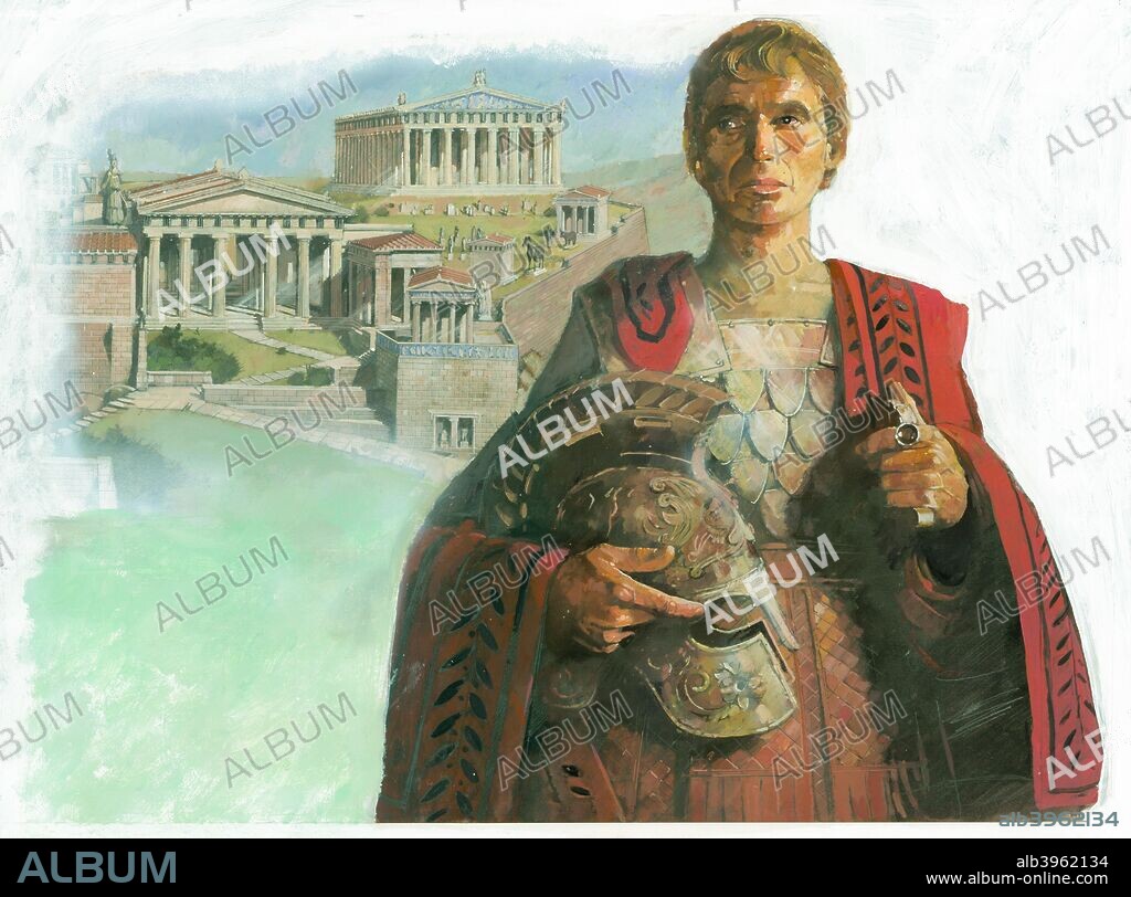 An ancient Greek warrior and/or statesman, possibly Pericles, with the Acropolis in Athens in the background, 1990s.