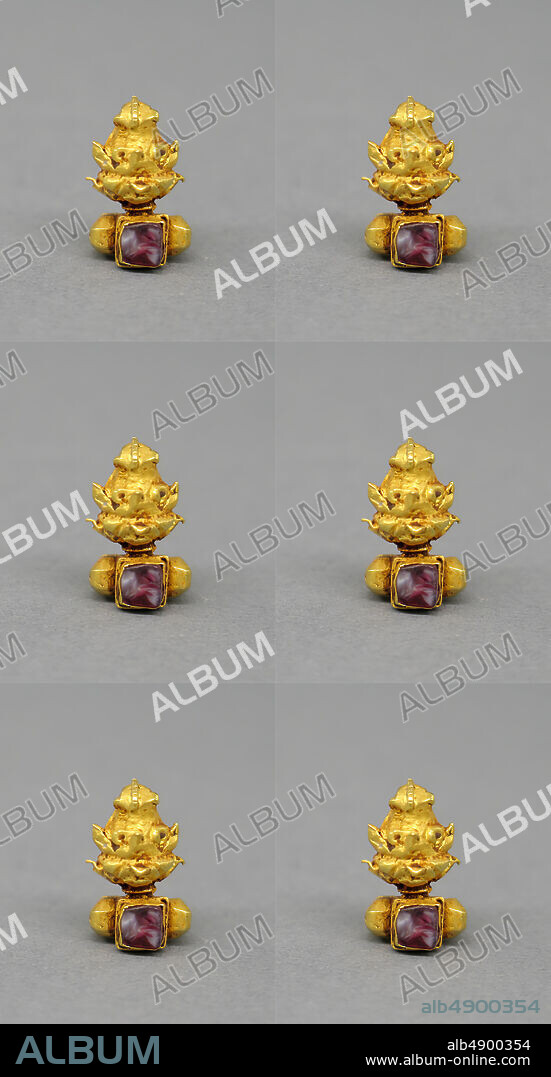Pair of Ear Clips with Translucent Red Stone, Indonesia (Java), Central Javanese period, Date Second half of the 8thsecond half of the 10th century, Indonesia (Java), Gold with translucent red stone, H. 1/16 in. (0.2 cm), (a): Diam. 1 1/16 in. (2.7 cm), (b): Diam. 1 1/111/16 in. (1.7 cm), Jewelry.