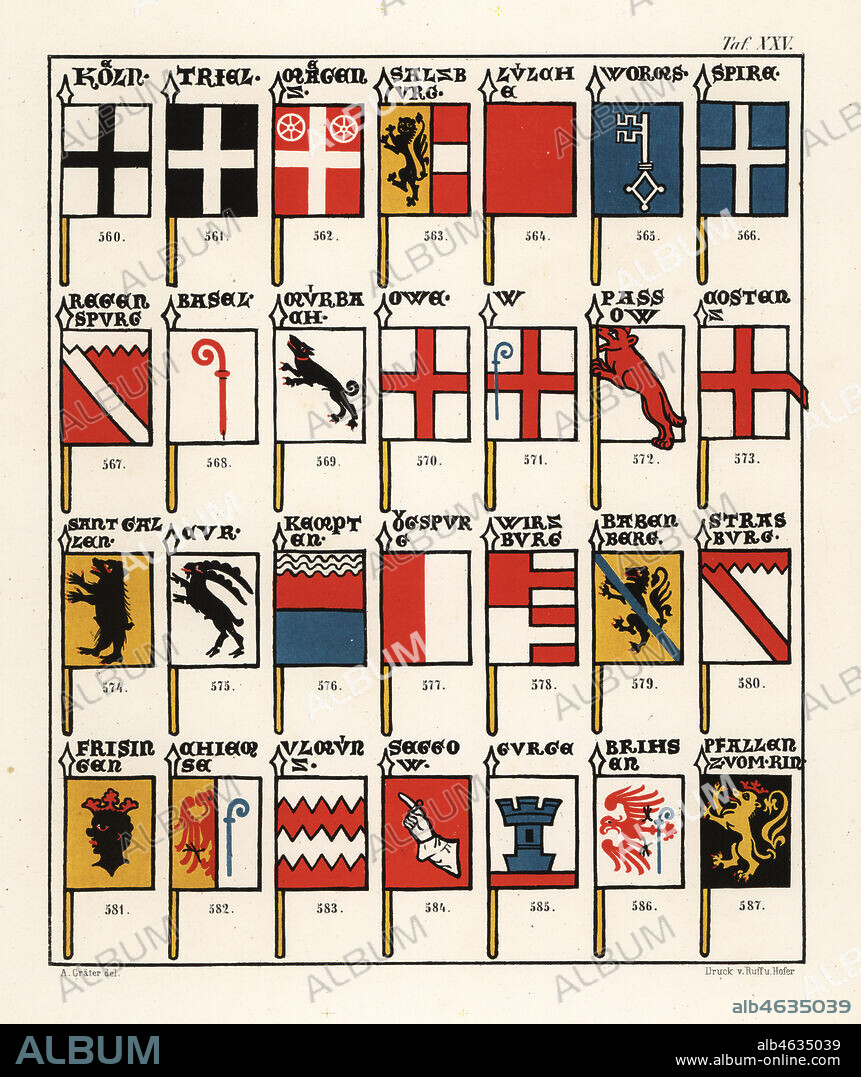 Swiss flags of bishoprics, c. 1340. Chromolithograph by A. Graeter from Die Wappenrolle von Zurich, The Zurich Armorial, Antiquarische Gesellschaft in Zurich, 1860. Reprint of a 14th century manuscript roll of arms showing the heraldry of the Holy Roman Empire with 559 coats of arms and 28 flags of bishoprics in Switzerland.