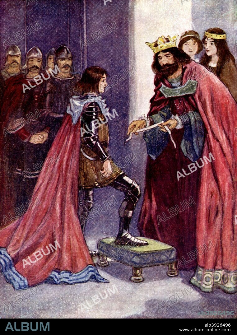 'The King made the Black Prince a Knight of the Order of the Garter', 1348, (1905). Edward III bestows the Order of the Garter on his son, Edward of Woodstock, Prince of Wales. Illustration from Our Island Story by H E Marshall, published by T C & E C Jack Ltd, (London and Edinburgh, 1905). The book gave a very biased and pro-British view of history.