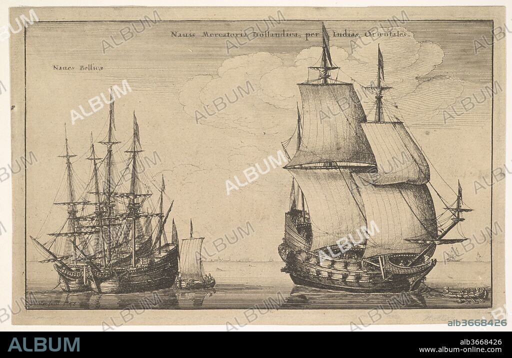 Naues Mercatoriæ Hollandicæ per Indias Occidentales (Dutch East Indiaman). Artist: Wenceslaus Hollar (Bohemian, Prague 1607-1677 London). Dimensions: Plate: 5 11/16 × 9 5/16 in. (14.5 × 23.7 cm)
Sheet: 6 1/8 × 9 1/2 in. (15.6 × 24.1 cm). Series/Portfolio: Navium Variæ Figuræ et Formæ (Dutch Ships). Date: 1647.
Dutch East Indiaman; three-masted ship with two banks of guns towed by small boat to right; two three-masted ships at anchor side by side and small boat to left; town on the coast seen in distance.
