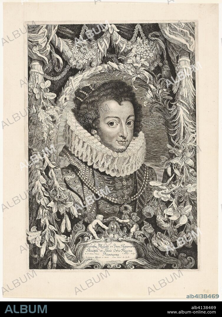 Elisabeth of Bourbon, Queen of Spain, plate 13 from Duces Burgundiae (Dukes of Burgundy). Jacob Louys (Flemish, 1595-after 1644); after Peter Paul Rubens (Flemish, 1577-1640); border engraved, and print published, by Pieter Claesz. Soutman (Dutch, c. 1580-1657). Date: 1644. Dimensions: 405 × 281 mm (plate); 476 × 347 mm (sheet). Engraving and etching in black on ivory laid paper. Origin: Flanders.