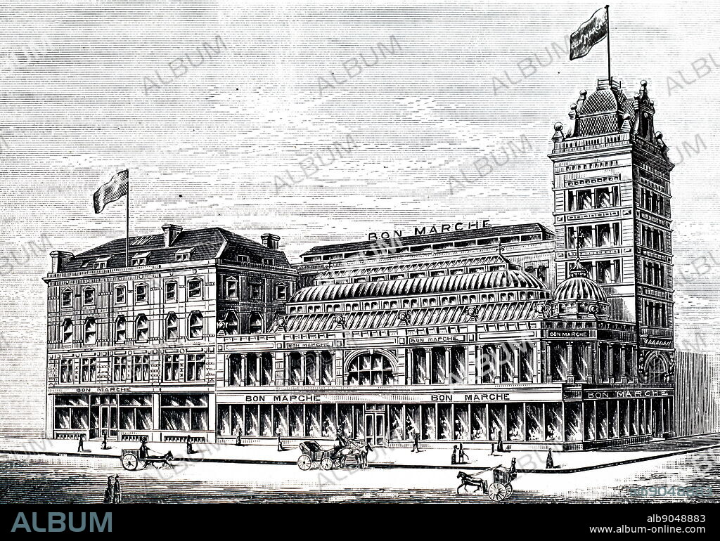 Engraving depicting the exterior of John Lewis's 'Bon Marche' department store, Liverpool.