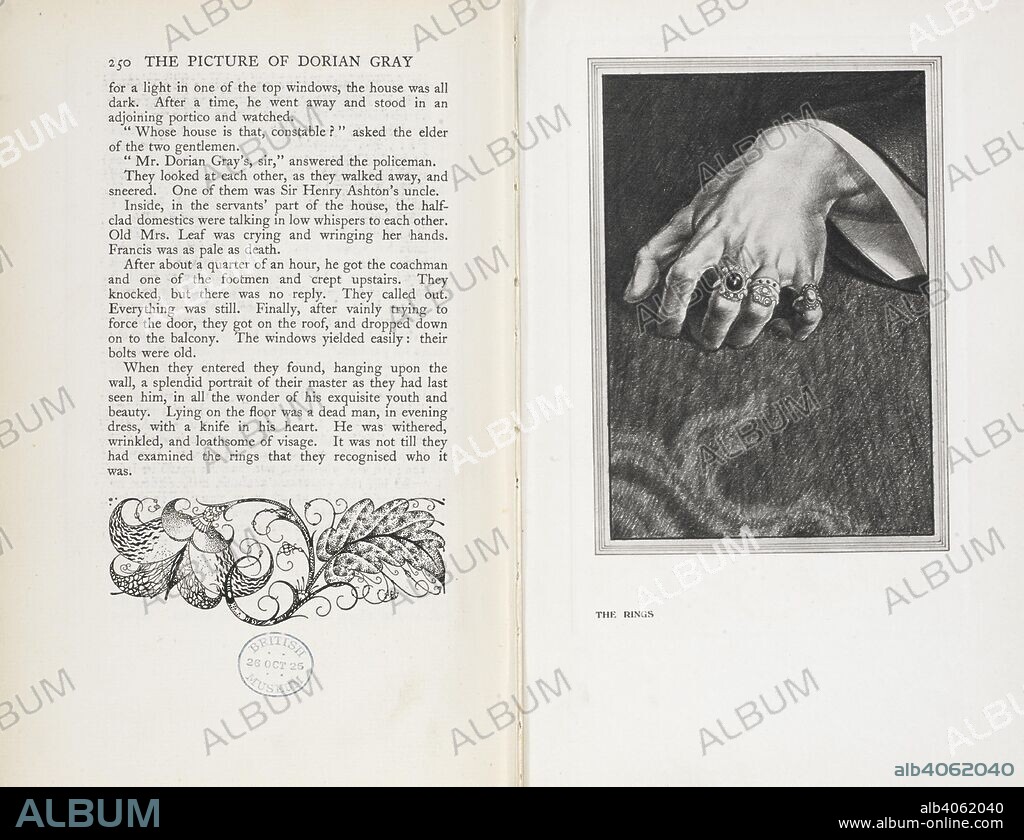 OSCAR FINGAL O'FLAHERTIE WILLS WILDE and HENRY KEEN. The last page of the novel, and an illustration, 'the rings', showing the hand of Dorian Gray. The Picture of Dorian Gray/ By Oscar Wilde ; with an introduction by Osbert Burdett ; authorized ed. with illustrations by Henry Keen. London: John Lane The Bodley Head; New York: Dodd, Mead and Co., 1925 Bungay, Suffolk: Richard Clay & Sons. Source: 012634.n.52 pages 250 - 251.