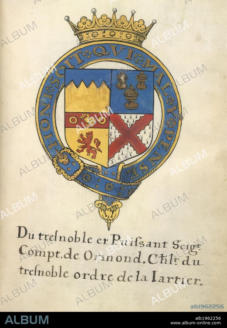 Coat of Arms of Thomas Butler, 10th Earl of Ormonde and Ossory. Arms of the Knights of the Garter. England; 1597. [Whole folio] Illustration of the coat of arms of Thomas Butler, 10th Earl of Ormonde and Ossory, who was present at the installation of Charles Blount, 8th Baron Mountjoy, as Knight of the Garter at Windsor on 24 May 1597.  Image taken from The Arms of the Knights of the Garter.  . Originally produced in England; 1597. . Source: Add. 30808, f.45. Language: English and French.