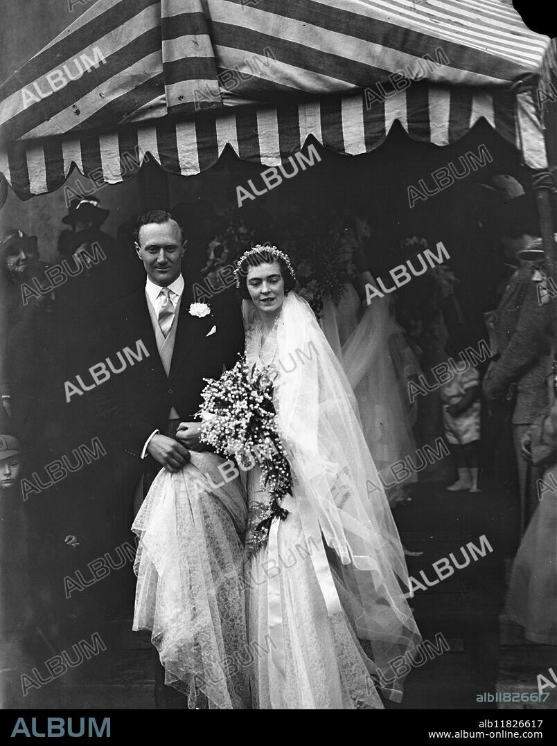 Wedding of Mr John Stuart Johnstone and Miss Pamela Rosamund Spicer at St Marylebone Parish Church , London . 2 April 1936.