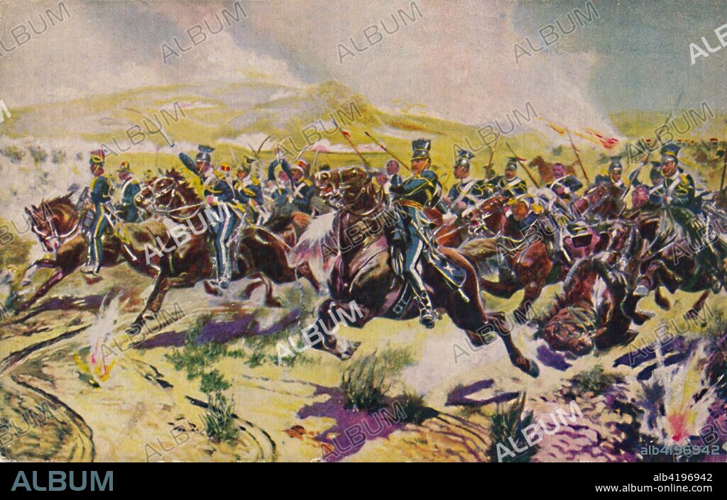 'The 17th Lancers. The Charge of the Light Brigade at Balaclava', 1854, (1939). Battle at Balaklava, Crimean War, Russia, 25 October 1854, with lines of the cavalry advancing straight into a line of cannon fire. Lord Raglan gave the order for the disastrous British cavalry charge, immortalised in Tennyson's poem, in which the Light Brigade suffered 40% casualties. From Battles for the Flag, a set of cards given away with British boys' comic The Wizard. [D. C. Thomson & Co., Dundee, 1939].