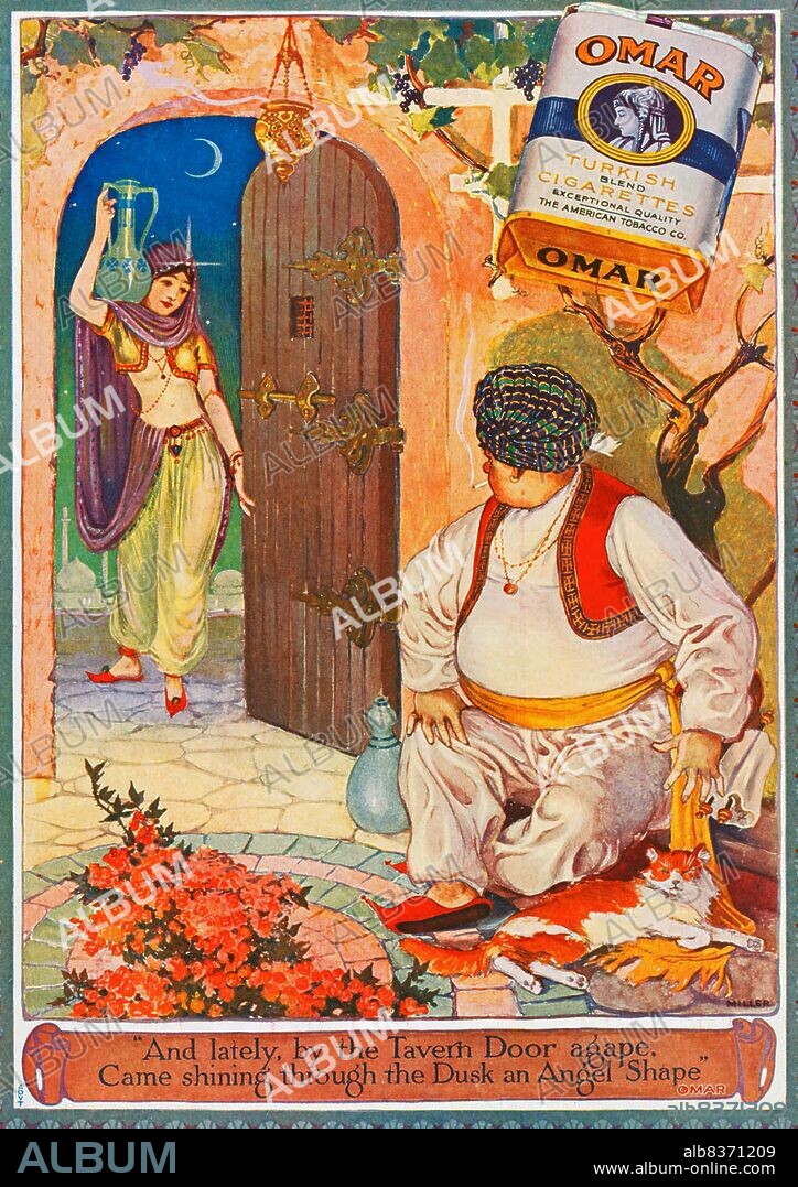 In the early 1900s, manufacturers of Turkish and Egyptian cigarettes tripled their sales and became legitimate competitors to leading brands. In 1911, The American Tobacco Company introduced Omar, a premium Turkish blend cigarette, in order to compete with other leading Turkish brands like Murad.<br/><br/>. The cigarette was named after the medieval Persian poet Omar Khayyam, who experienced a resurgence of popularity from 1900-1930. Advertisements for Omar cigarettes referenced Khayyam's famous poem, The Rubaiyat , and focused on themes of pleasure, leisure, and luxury.