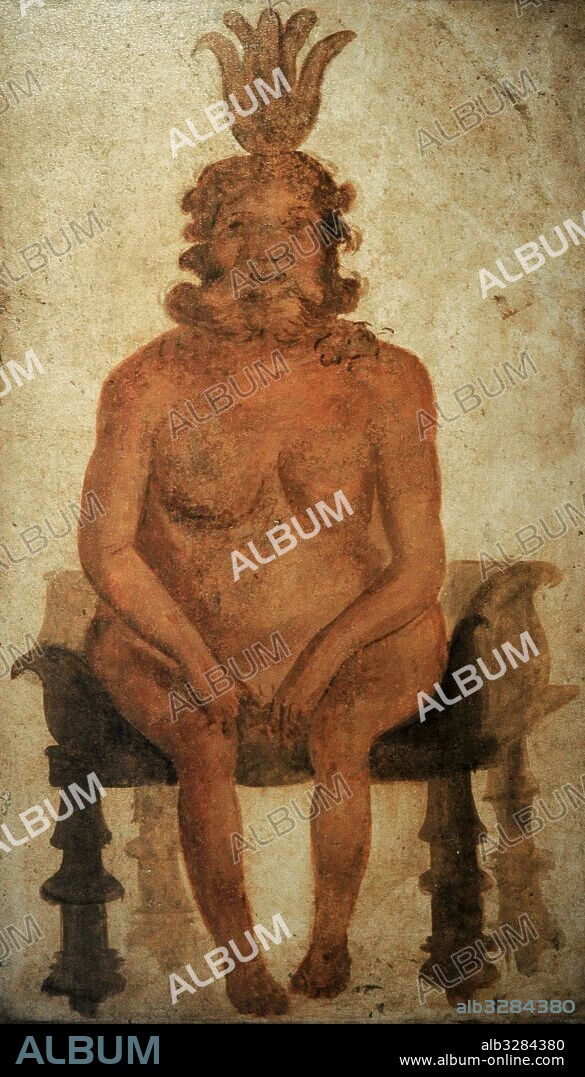 Pintura romana con la representación de Bes. Pared norte. Templo de Isis. Sacrarium. Pompeya. Museo Arqueológico Nacional. Nápoles. Italia.
