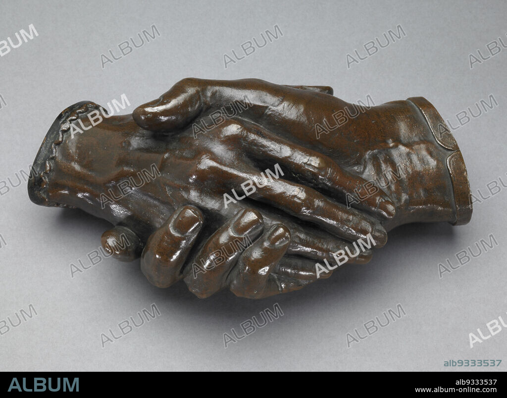 Clasped Hands of Robert and Elizabeth Barrett Browning, Harriet Goodhue Hosmer, American, 18301908, 1853, cast later, Bronze, Rome, Lazio, Italy, Europe, Metalwork, sculpture, height: 8 1/2 in. (21.6 cm).