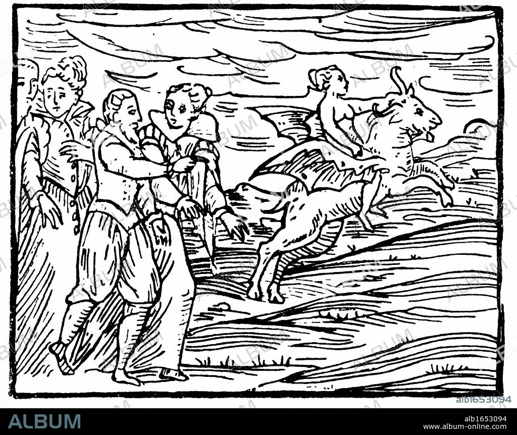 The Devil, in form of a flying goat, carrying a witch to the Sabbath. From Francesco Maria Guazzo Compendium Maleficarum Milan 1608. Woodcut.