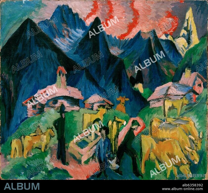 ERNST LUDWIG KIRCHNER. Kirchner, Ernst Ludwig ; 1880-1938. "Vie alpine", 1918. Milieu d'un triptyque. Huile sur toile, H. 0,70 ; L. 0,80. Collection particulière.