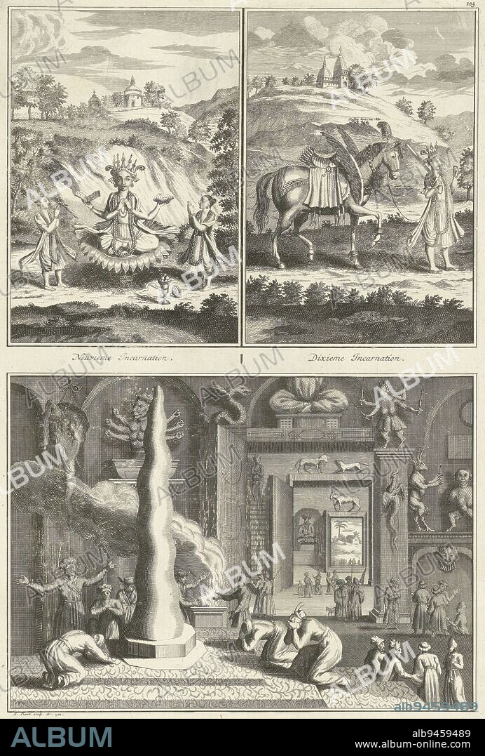 Representations of the incarnations of the Indian god Vishnu and worship of Ixora, Bernard Picart (workshop of), 1722, Sheet with two representations of incarnations from Hinduism and the worship of Ixora. Above: The Indian god Vishnu comes to earth ten times, in ten different guises, to save the world. Presented here are the ninth and tenth incarnations respectively: Buddha and Kalki. Below: Interior of a temple where the image of the god Ixora is worshipped in the form of a pillar. Below the representations a caption in French. Numbered at upper right: 103., print maker: Bernard Picart, (workshop of), Bernard Picart, (mentioned on object), Amsterdam, 1722, paper, etching, engraving, h 332 mm × w 221 mm.