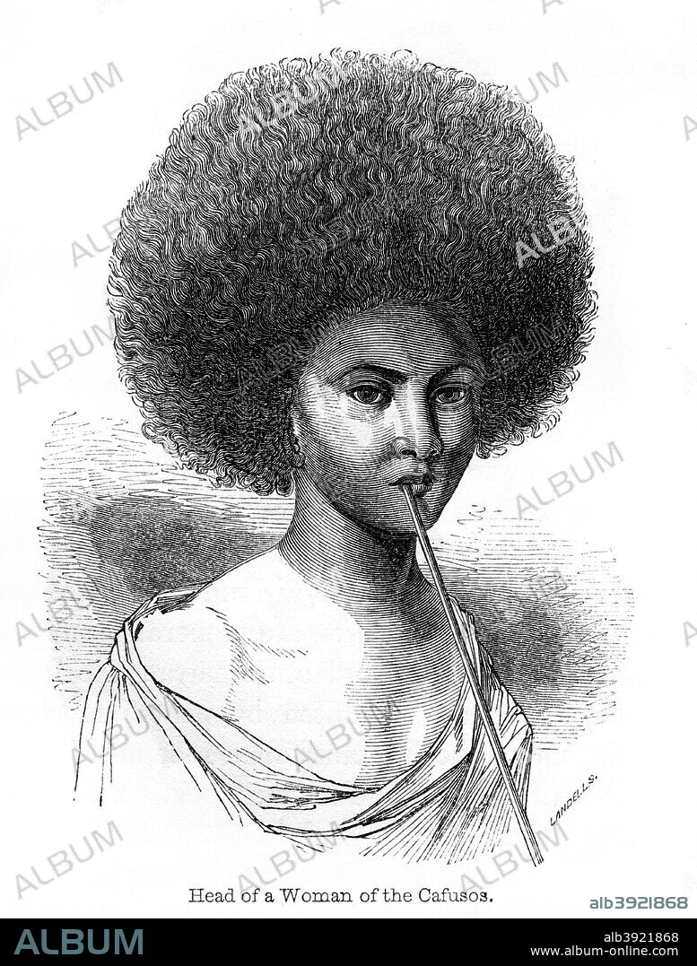 'Head of a Woman of the Cafusos', 1848. Cafuso is a derogatory term which meant the offspring of an African and an Indian, or a very dark-skinned, nearly black mulatto, (person of mixed race). An engraving from the Natural History of Man, by James Cowles Prichard, (Hippolyte Bailliere, London, third edition, 1848).