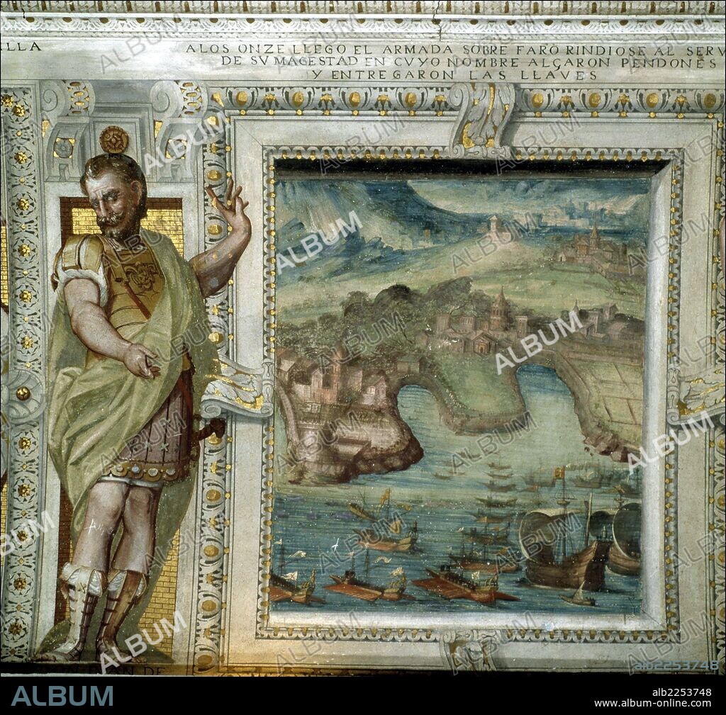 FELIPE II. REY DE ESPAÑA. 1527 - 1598. CAMPAÑA MARITIMA SOBRE PORTUGAL ,AÑO 1580. " TOMA DE FARO " , POR ALVARO DE BAZAN. FRESCOS EN LA SALA DE PORTUGAL EN EL PALACIO DE SANTA CRUZ DE VISO DEL MARQUES.