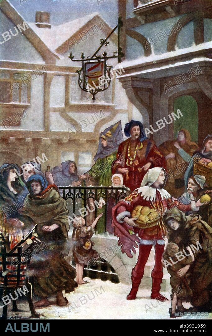 'Sir Richard Whittington distributing charity', (c1900). The 14th-century Lord Mayor of London gives alms to the poor. After a fresco in the Royal Exchange in the City of London representing Dick Whittington and his charities. Illustration from Story of the British Nation, Volume I, Walter Hutchinson, (London, c1920s).