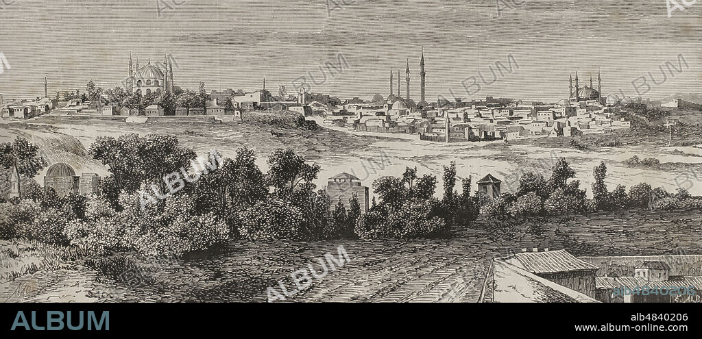 ENRIQUE ALBA (1848-1920). SPANISH ENGRAVER. MANUEL NAO (1843-1884). SPANISH ARTIST AND ILLUSTRATOR.. Historia de Turquía. Siglo XIX. Andrinópolis. Antigua capital del Imperio Otomano. Vista panorámica. Ilustración por Nao. Grabado por Enrique Alba. La Ilustración Española y Americana, 1878.