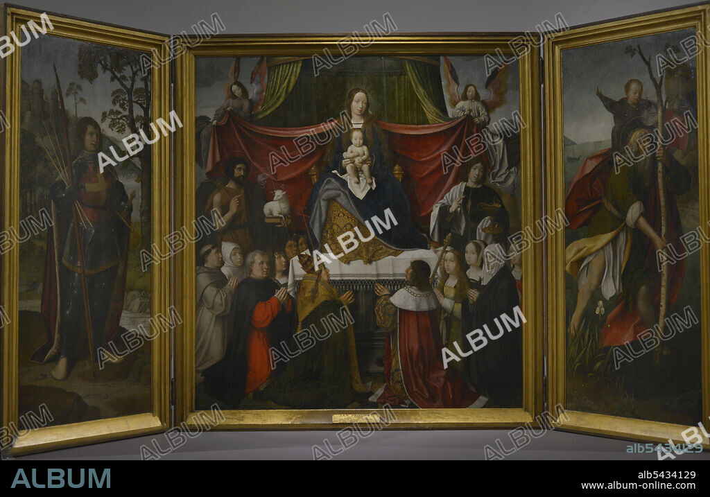 Jan Provost (1465-1529). Flemish painter. Tryptich of Our Lady of Mercy, 1512-1515. Left panel: St. Sebastian; central panel: Our Lady of Mercy with King Manuel I and Queen Mary at her feet; right panel: St. Christopher. Oil on wood. National Museum of Ancient Art. Lisbon, Portugal.