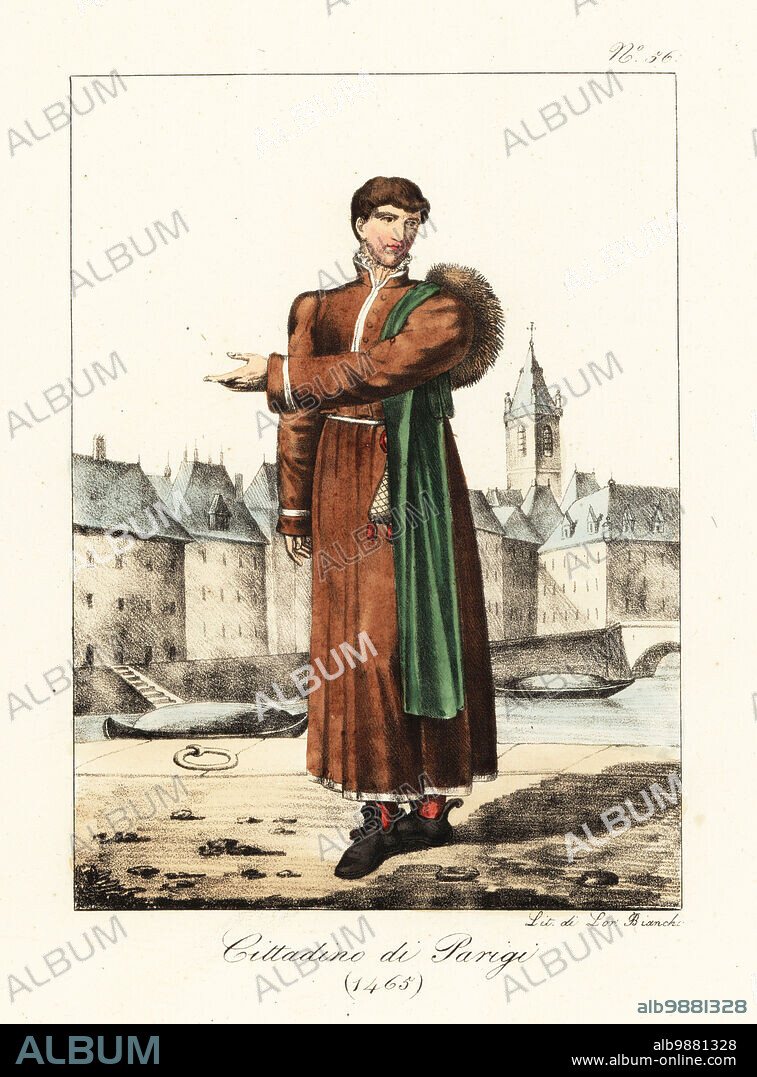 Costume of a bourgeois man of Paris, 1465. In long brown robe, hose, bootlets, fur hat, alms bag. Bourgeois de Paris. Handcoloured lithograph by Lorenzo Bianchi after Hippolyte Lecomte from Costumi civili e militari della monarchia francese dal 1200 al 1820, Naples, 1825. Italian edition of Lecomtes Civilian and military costumes of the French monarchy from 1200 to 1820.