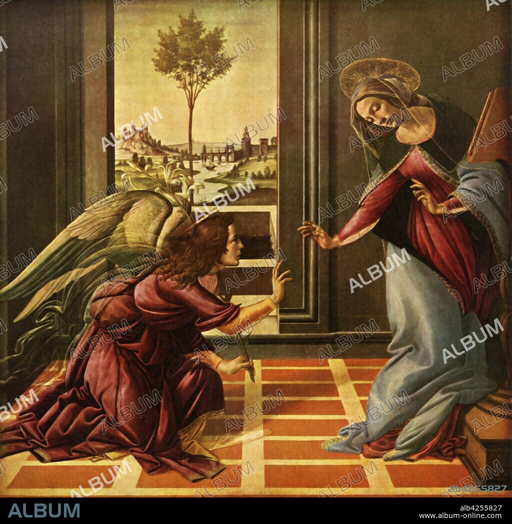 'The Cestello Annunciation', 1489, (1937). The angel Gabriel, holding a stem of lilies, brings the Virgin Mary the news that God has chosen her to bear the Christ child. Painting in the Uffizi Gallery, Florence. From "Sandro Botticelli" by Lionello Venturi. [George Allen & Unwin Ltd, London, 1937].