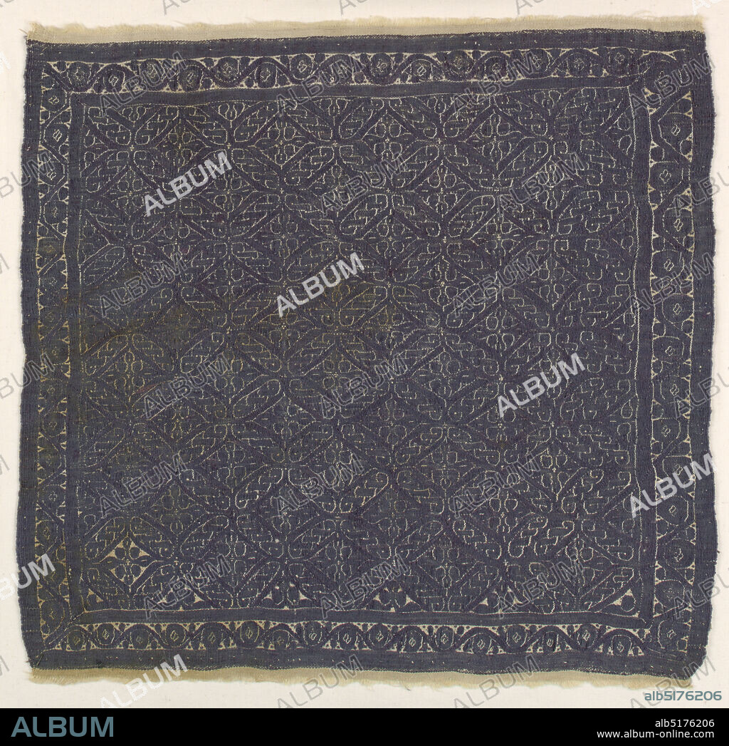 Square, Medium: warp: S-spun linen; wefts: S-spun linen, S-spun wool Technique: plain weave with discontinuous wefts (slit tapestry) with supplementary weft wrapping Label: linen and wool slit tapestry, Monochrome tapestry square with an all-over design of twists and knots in deep purple., Egypt, 3rd4th century, woven textiles, Square.