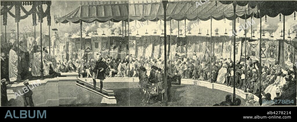 FREDERICK HOLLYER. 'The Imperial Assemblage at Delhi', 1877, (1901). Queen Victoria is proclaimed Empress of India on 1 January 1877. The ceremony was attended by Viceroy of India Lord Lytton, British officers and colonial officials, and by numerous maharajas and princes. Photograph of 'The Imperial Assemblage held at Delhi, 1 January 1877', painting made 1877-1880, in the Royal Collection. From "The Life and Deeds of Earl Roberts, Vol. II. - To The Abdication of Yakub Khan", by J. Maclaren Cobban. [T. C. & E. C. Jack, Edinburgh, 1901].