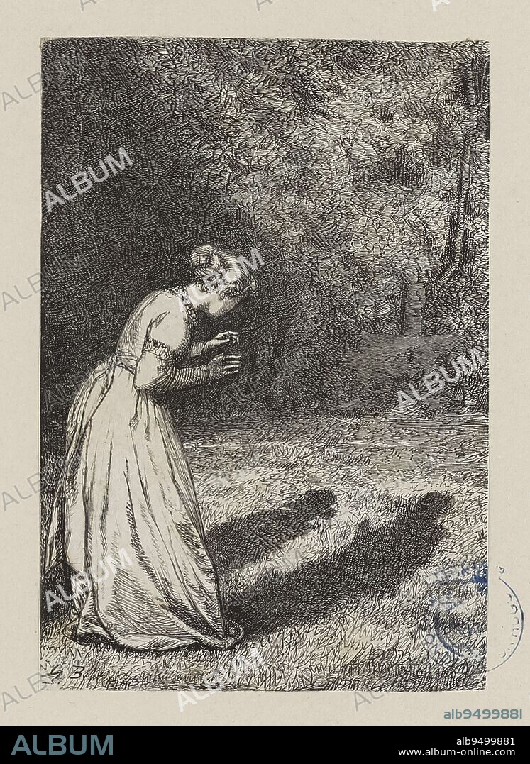 Les Misérables, Part IV, Book 5, Chapter II, Cosette stopped terrified..., Yon, Edmond Charles Joseph, Engraver, Perrichon, Jules-Léon, Engraver, Brion, Gustave, Author of the model, Bonaventure et Ducessois (imprimerie), Printer, Hetzel, Pierre-Jules, Publisher, Lacroix, Albert, Publisher, About 1865, 3rd quarter of the 19th century, House of Victor Hugo - Hauteville House, Graphic arts, Print, Woodcut, Height: 13. 2 cm, Width: 9 cm.