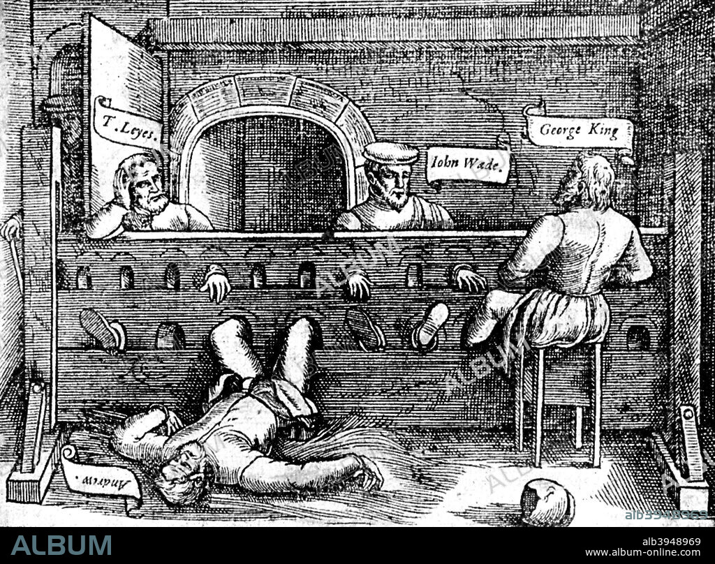 Prisoners in the Lollards' Tower, 1550s, (c1920). 'The picture describing the straight handling of the cloase prisonners in Lollardes' Tower', originally published in John Foxe's Book of Martyrs, (1563). The lollard prisoners confined in the stocks are: Thomas Leyes, John Wade, George King and William Andrewe. Illustration from Story of the British Nation, Volume II, by Walter Hutchinson, (London, c1920s).