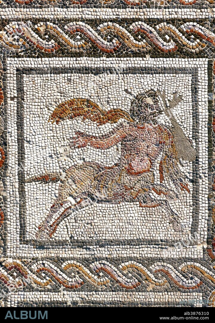 Mosaic of Bacchus and Ariadne - centaur, Planetarium House, Roman ruins of Italica, Santiponce, Seville province, Region of Andalusia, Spain, Europe.