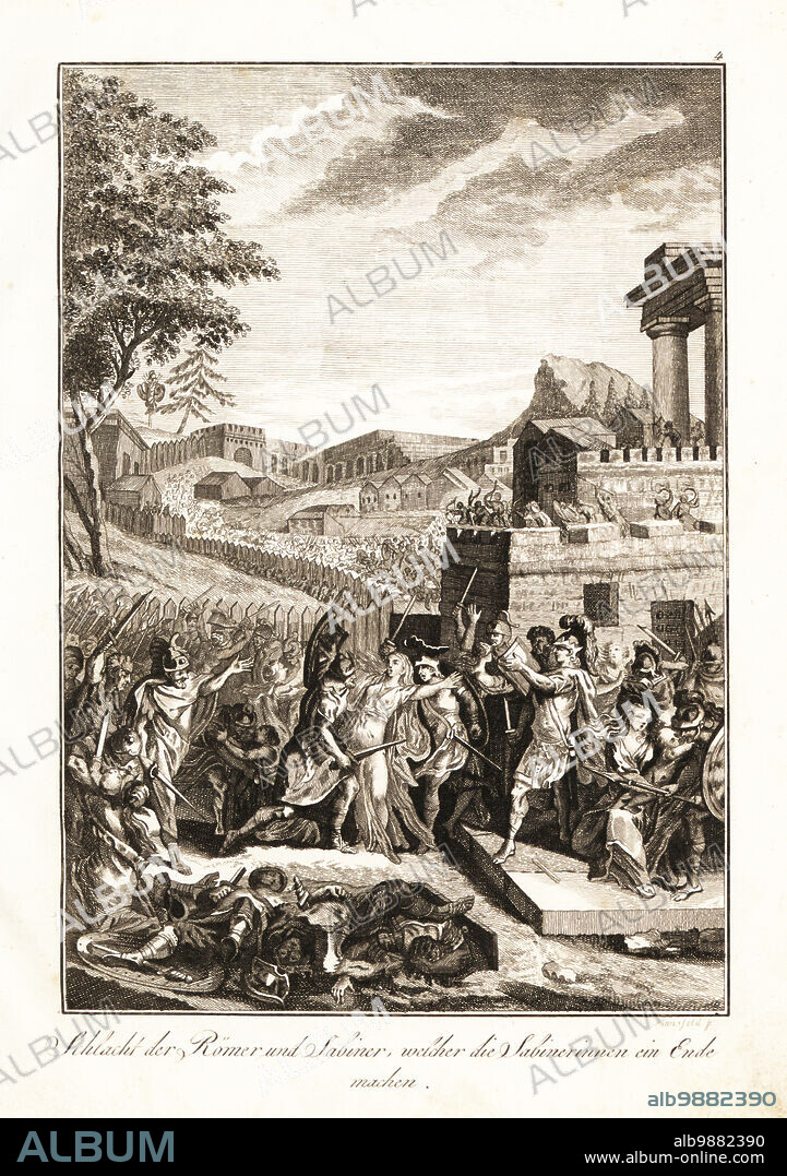The kidnapped Sabine women intervene to stop the war between the Sabines led by king Titus Tatius and the Romans under Romulus, 8th century BC. Combat des Romains et des Sabines, termine par les Sabines. Copperplate engraving by Johann Georg Mansfeld after a design by Gabriel de St. Aubin from Professor Joseph Rudolf Zappes Gemalde aus der romischen Geschichte, Pictures of Roman History, Joseph Schalbacher, Vienna, 1800. German edition of Abbe Claude Francois Xavier Millots Abrege de lHistoire Romaine.