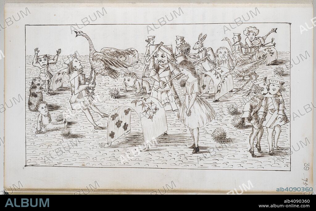 CHARLES LUTWIDGE DODGSON and DODGSON, CHARLES LUTWIDGE, PSEUD. LEWIS CARROLL. Alice and Red Queen play croquet. Alice's Adventures Under Ground [in Wonderland]. England [Oxford]; 1862-1864. (Whole folio) Drawing from Chapter IV: Alice and the Red Queen playing croquet using birds for mallets and hedgehogs for balls.  Image taken from Alice's Adventures Under Ground [in Wonderland].  Originally published/produced in England [Oxford]; 1862-1864. . Source: Add. 46700, f.39.