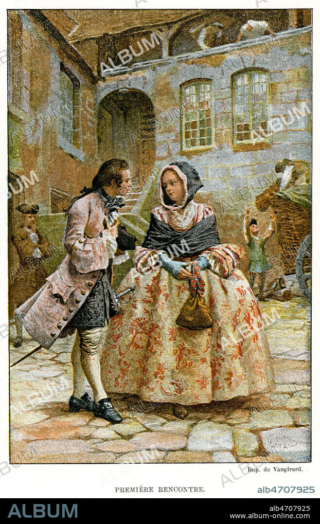 Premiere rencontre entre Manon et le chevalier des Grieux a Amiens. Illustration de 1885 par Maurice LELOIR (1851-1940) pour 'Histoire de Manon Lescaut et du chevalier des Grieux' par l'Abbe PREVOST (1697-1763). Credit : Collection Jonas/KHARBINE-TAPABOR.