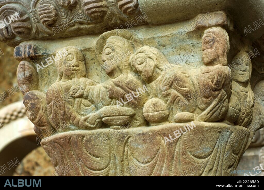 La ultima cena, capitel del claustro.Monasterio de San Juan de la Peña(s.XII-XIII) . Serrablo.Huesca.España.