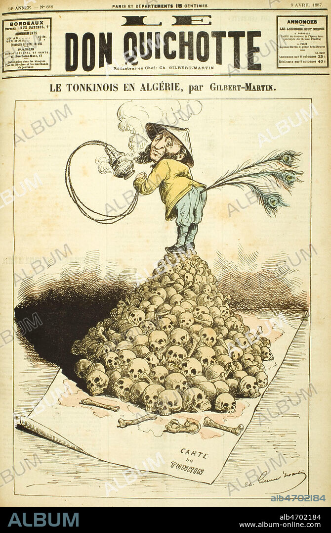 Le tonkinois en Algerie. Jules FERRY (1832-1893) debout sur un tas de cranes representant les morts apres la campagne du Tonkin. Illustration de Charles GILBERT-MARTIN (1839-1905)( d'apres la fable de Jean de LA FONTAINE : Le geai pare des plumes du paon) pour Le Don Quichotte de 1887. Credit : Collection KHARBINE-TAPABOR.