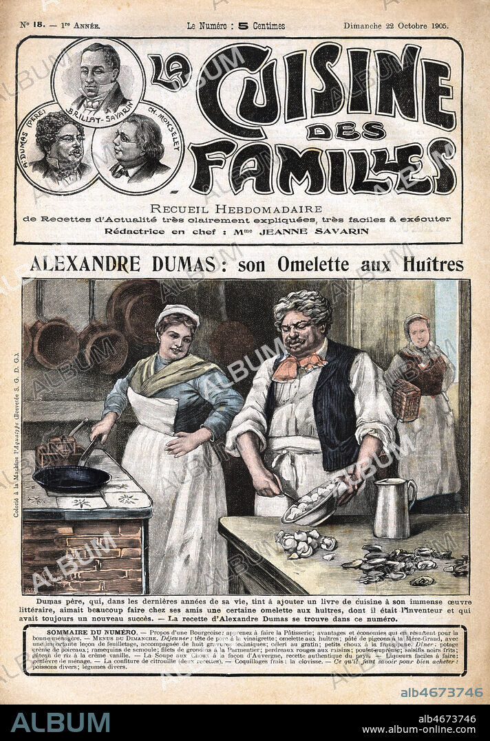 'Alexandre DUMAS: son omelette aux huitres' (A. Dumas cuisinier) in La Cuisine des Familles de 1905. Credit: Coll. Jonas/Kharbine-Tapabor.