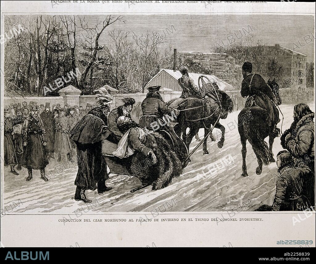ALEJANDRO II. ZAR DE RUSIA. 1818 - 1881. " ATENTADO MORTAL. EL ZAR ES LLEVADO EN TRINEO AL PALACIO DE INVIERNO ". GRABADO DE LA ILUSTRACION ESPAÑOLA Y AMERICANA , AÑO 1881.