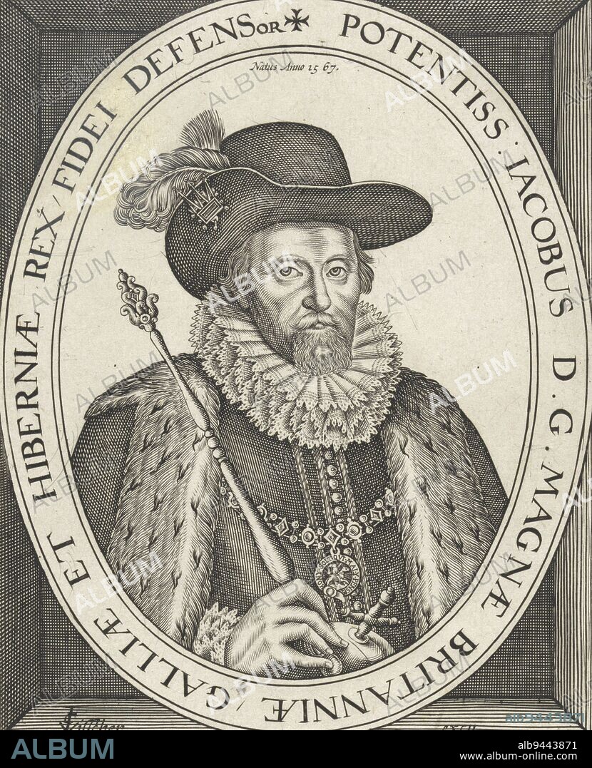 Portrait of James I of England, anonymous, 1612 - 1652, James I of England, holding a sceptre, a hat on his head and around his neck a chain to which is attached the badge of the Order of the Garter., print maker: anonymous, publisher: Claes Jansz. Visscher (II), (mentioned on object), Amsterdam, 1612 - 1652, paper, engraving, h 163 mm × w 123 mm.