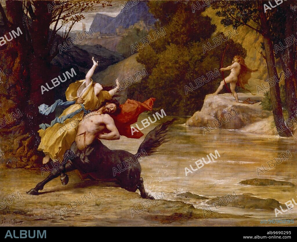 Death of Nessus by Delaynay. In Greek mythology, Nessus was a famous centaur. He was the son of Ixion and Nephele, the Cloud. In a fit of lust, he attempted to kidnap Deianira, the wife of Heracles. Heracles saw Nessus attempting to rape his wife from across a river and shot a poisoned arrow into Nessus's breast.. ©Topham.