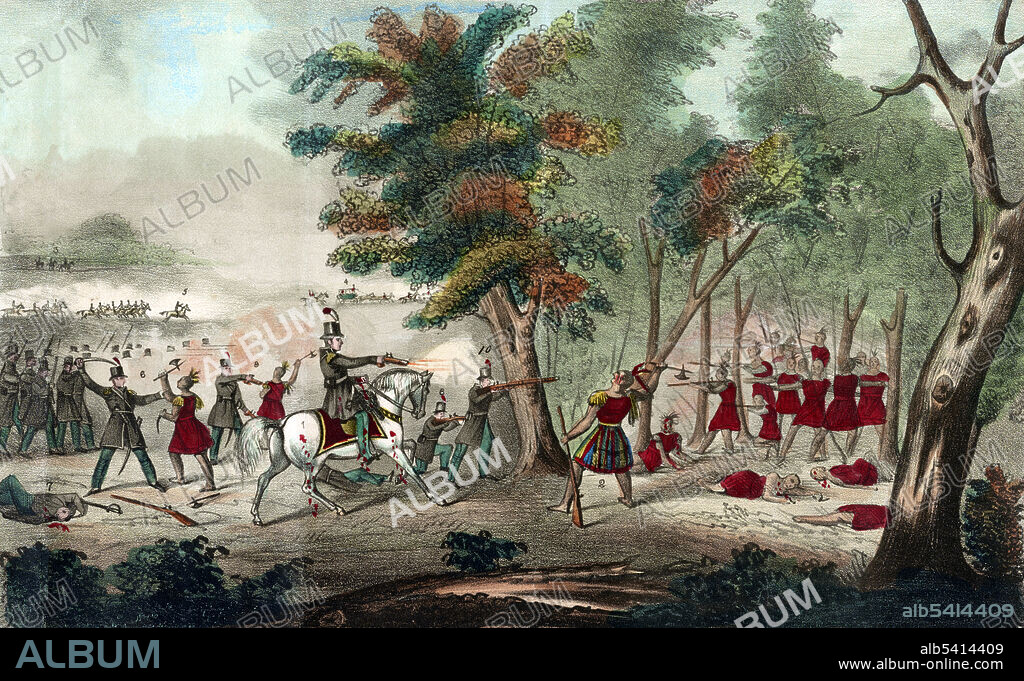 The Battle of the Thames  was a decisive American victory in the War of 1812 against Great Britain and its Indian allies in Tecumseh's Confederacy. It took place on October 5, 1813 in Upper Canada, near Chatham. Key 1) Colonel Johnson, 2) Tecumseh, 3) General William Henry Harrison with Commodore Perry and General Gass, 4) General Proctor, 5) Lieutenant Colonel James Johnson, 6) Major Thompson battling Tenskwatawa 7) aged veteran William Whitley, 8) James Mason, 86 years old, fighting beside Colonel Johnson, 9) Maipeck shot by Captain Ward, 10) Major Suggett. Lithograph by William Emmons, 1833 (cropped and cleaned).